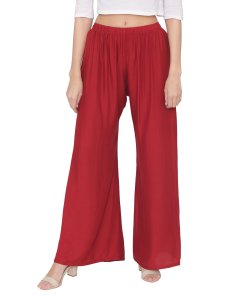 N-Gal Rayon Women's Wide Leg Elastic Waist Band Breathable Plain Palazzo Pant_Maroon