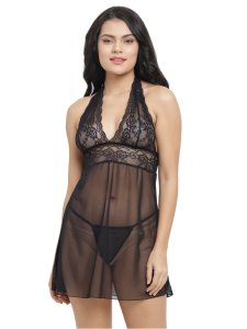 N-Gal Women's Polyester Spandex Halter Neck Soft Lace Babydoll Dress Nightwear with G-String_Black