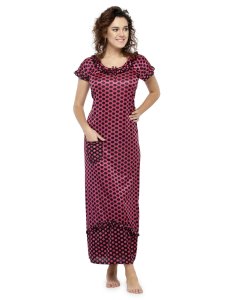 N-Gal Women's Satin Half Sleeves Polka Dot Nighty Night Dress Nightwear_Rose Red