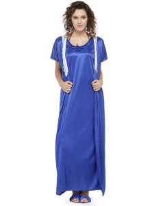 N-Gal Women's Satin Lace Solid 7 Pcs Bridal Nighty Nightwear Set_Blue