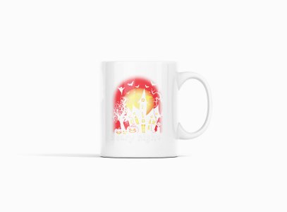 Halloween Scary Illustration -Hunted House-Halloween Themed Printed Coffee Mugs