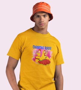 Dandiya rass printed unisex adults round neck cotton half-sleeve yellow tshirt specially for Navratri festival/ Durga puja