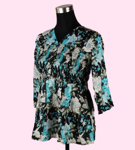 Chic Women's Floral V-Neck Top - Monochrome & Blue Mixed Print - Stylish & Versatile