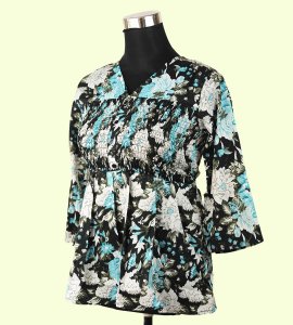 Chic Women's Floral V-Neck Top - Monochrome & Blue Mixed Print - Stylish & Versatile