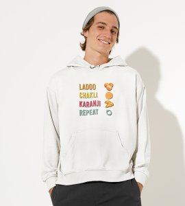 Laddoo, chakli, Karanji, repeat printed diwali themed White Hoodie specially for diwali festival