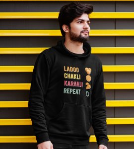 Laddoo, chakli, Karanji, repeat printed diwali themed black Hoodie specially for diwali festival