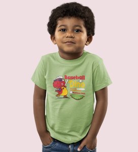 Baseballer Dino, Boys Round Neck Blended Cotton Tshirt
