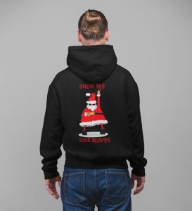 Santa Showing Off Dance Moves with Enthusiasm and Energy Printed Black Cotton Hoodie