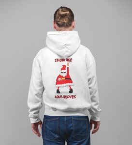 Santa Showing Off Dance Moves with Enthusiasm and Energy Printed White Cotton Hoodie