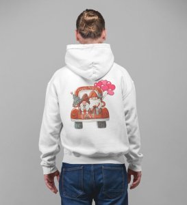 Gnomes Happily Seated in a Car Enjoying a Lovely Date Printed White Cotton Hoodie