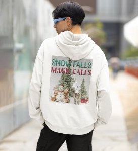 Charming Snowmen and Deer Enjoying the Magical Snowfall Printed White Cotton Hoodie