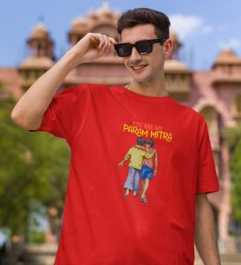 The Param Mitra Red Round Neck Cotton Half Sleeved Men T-Shirt with Printed Graphics