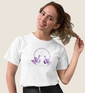 Attitude Of Gratitude White Round Neck Cotton Half Sleeved Women T-Shirt with Printed Graphics