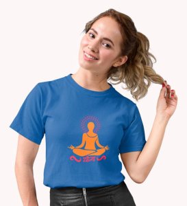 Just Yoga Blue Round Neck Cotton Half Sleeved Women T-Shirt with Printed Graphics