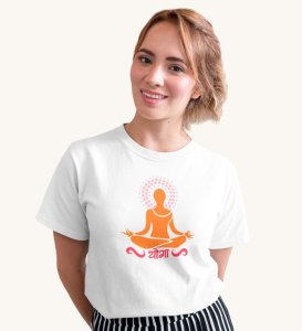 Just Yoga White Round Neck Cotton Half Sleeved Women T-Shirt with Printed Graphics